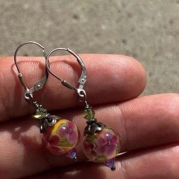 Vintage Sterling Silver Dangle Floral Beaded Pink Multicolor Flower Earrings - Picture 5 of 10